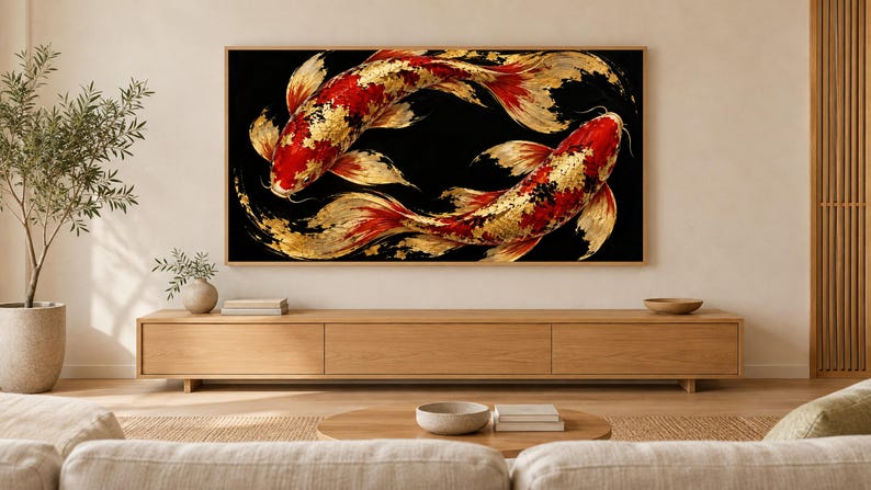 Schwarzer und goldener Koi von oben – TV-Kunstwerk, japanische Wandkunst, 4K-Digitaldownload, 3 Formate Bild 1