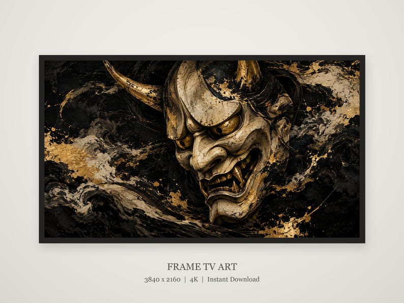 Hannya Mask Ink and Gold Frame TV Art, Japanese Wall Art, 4K Digital Download, 3 Formats image 6
