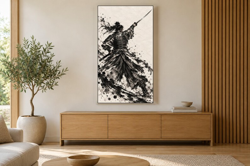 Samurai Drawing Sword Sumi-e Frame TV Art, Japanese Wall Art, 4K Digital Download, 3 Formats image 3