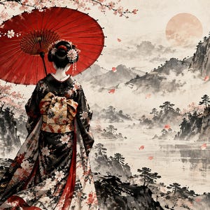 Geisha met paraplu van achteren gezien, ingelijste tv-kunst, Japanse muurdecoratie, 4K digitale download, 3 formaten afbeelding 6