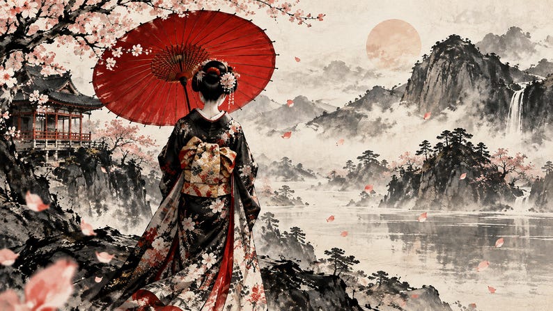 Geisha met paraplu van achteren gezien, ingelijste tv-kunst, Japanse muurdecoratie, 4K digitale download, 3 formaten afbeelding 6