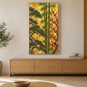 Pine, Bamboo and Plum on Gold Frame TV Art, Japanese Wall Decor, 4K Digital Download (3 Formats) image 3