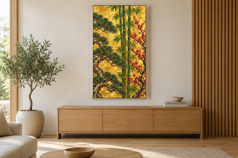 Pine, Bamboo and Plum on Gold Frame TV Art, Japanese Wall Decor, 4K Digital Download (3 Formats) image 3