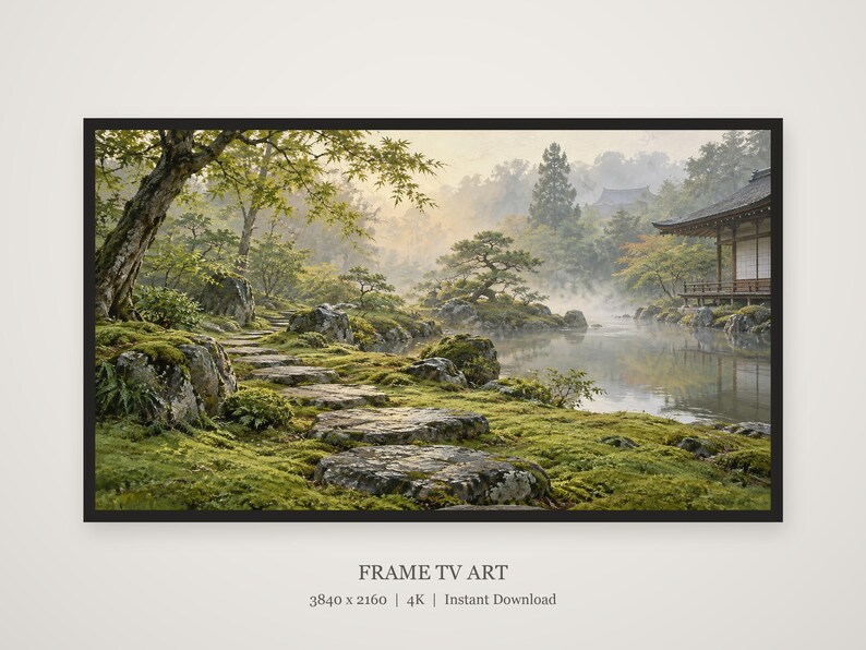 Moss Garden Japandi Frame TV-konst, japansk väggkonst, 4K digital nedladdning, 3 format bild 5