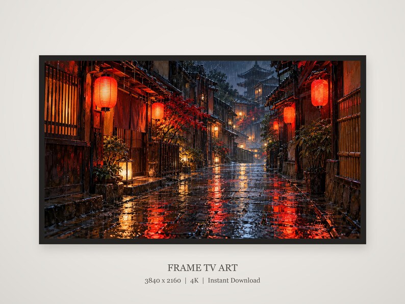 Rainy Kyoto Alley Red Lanterns Frame TV Art, Japanese Wall Art, 4K Digital Download, 3 Formats image 5