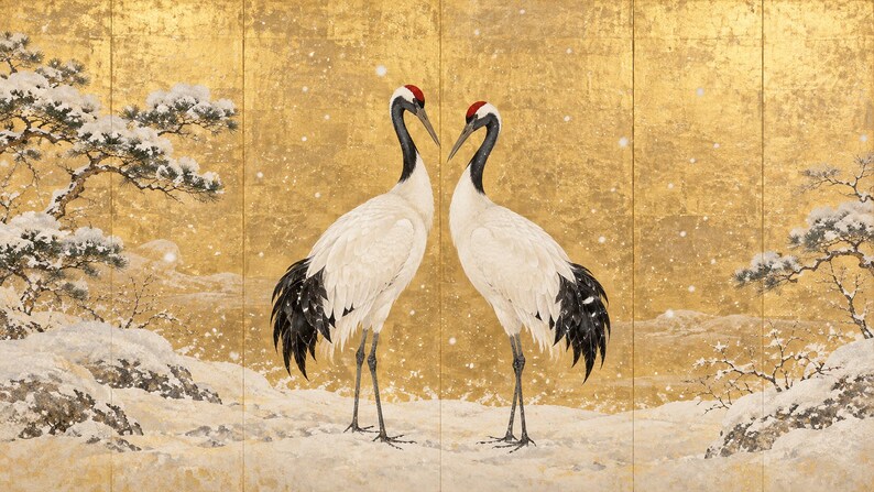 Een paar roodkroon-kraanvogels in een sneeuwlijst, tv-kunst, Japanse muurdecoratie, 4K digitale download, 3 formaten afbeelding 6