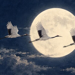 Japanese Cranes Flying Moon Art, 4K Digital Download (3 Formats) image 6