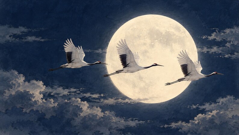 Japanese Cranes Flying Moon Art, 4K Digital Download (3 Formats) image 6