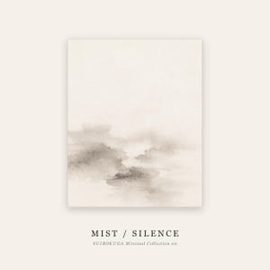 May include: A rectangular print featuring a soft watercolour wash in shades of beige and grey, depicting a hazy landscape. Below the image, the text reads MIST / SILENCE and SUIBOKUGA Minimal Collection 02 in a clean, black serif font.