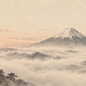 Rambild på TV-konst med berget Fuji i morgondimman, japansk zen-väggkonst, digital nedladdning i 4K, 3 format bild 5
