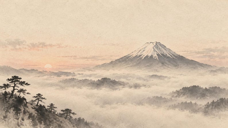 Rambild på TV-konst med berget Fuji i morgondimman, japansk zen-väggkonst, digital nedladdning i 4K, 3 format bild 5