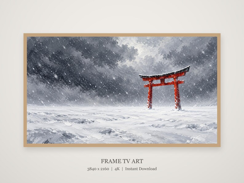 Puerta Torii Roja en Marco de Nieve, Arte para TV, Arte Mural Japonés, Descarga Digital 4K, 3 Formatos imagen 4