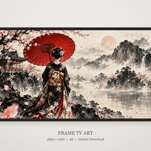 Geisha met paraplu van achteren gezien, ingelijste tv-kunst, Japanse muurdecoratie, 4K digitale download, 3 formaten afbeelding 5
