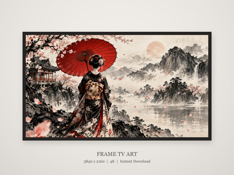Geisha met paraplu van achteren gezien, ingelijste tv-kunst, Japanse muurdecoratie, 4K digitale download, 3 formaten afbeelding 5