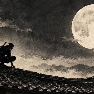 Ninja on Moonlit Rooftop Ink Frame TV Art, Japanese Wall Art, 4K Digital Download, 3 Formats image 6