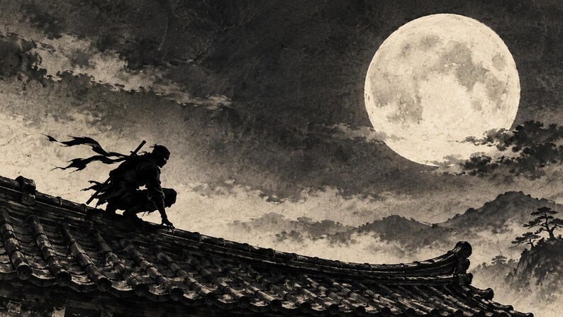 Ninja on Moonlit Rooftop Ink Frame TV Art, Japanese Wall Art, 4K Digital Download, 3 Formats image 6