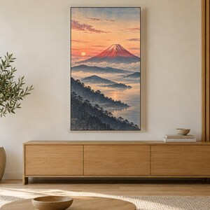 Red Fuji at Dawn Woodblock Style Frame TV Art, Japanese Wall Art, 4K Digital Download, 3 Formats image 3