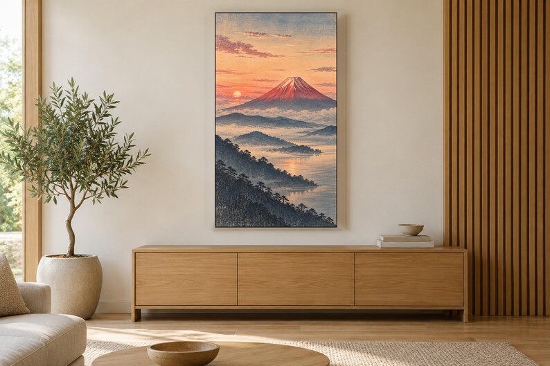 Red Fuji at Dawn Woodblock Style Frame TV Art, Japanese Wall Art, 4K Digital Download, 3 Formats image 3