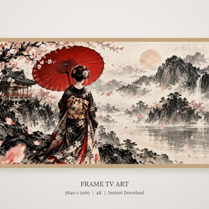 Geisha met paraplu van achteren gezien, ingelijste tv-kunst, Japanse muurdecoratie, 4K digitale download, 3 formaten afbeelding 4
