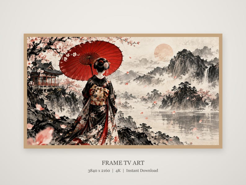Geisha met paraplu van achteren gezien, ingelijste tv-kunst, Japanse muurdecoratie, 4K digitale download, 3 formaten afbeelding 4