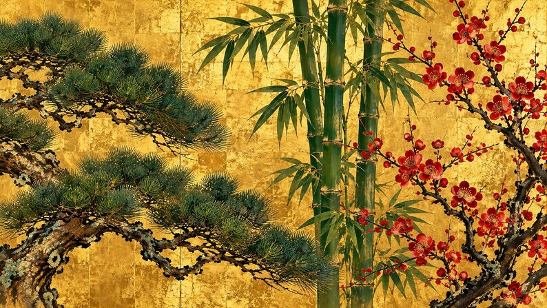 Pine, Bamboo and Plum on Gold Frame TV Art, Japanese Wall Decor, 4K Digital Download (3 Formats) image 6
