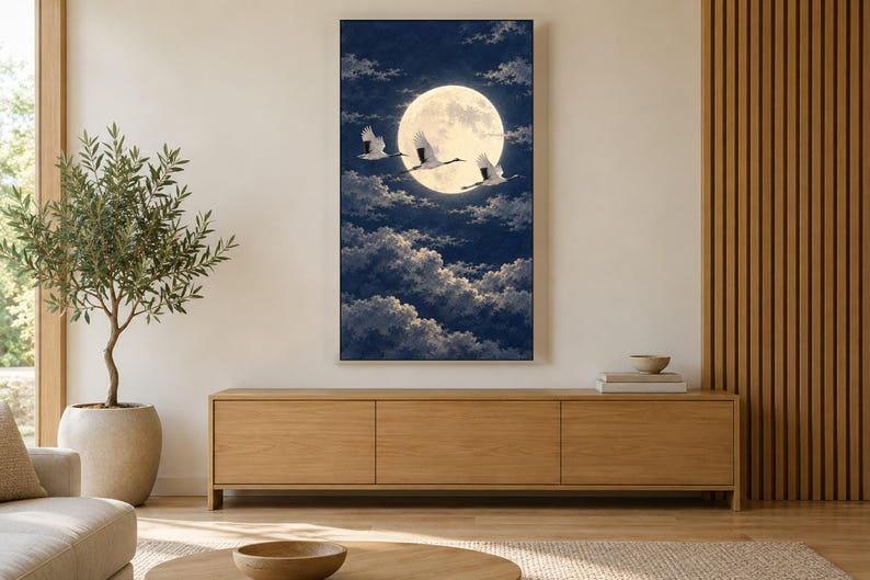 Japanese Cranes Flying Moon Art, 4K Digital Download (3 Formats) image 3