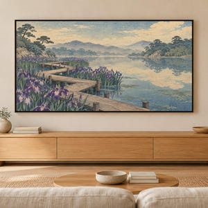 Cuadro decorativo de TV con marco de madera estilo jardín de lirios vintage, decoración de pared japonesa, descarga digital 4K (3 formatos) imagen 1