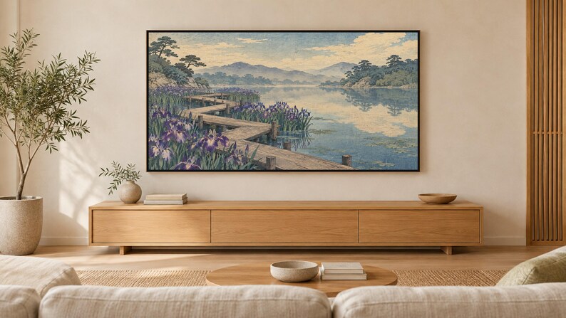 Cuadro decorativo de TV con marco de madera estilo jardín de lirios vintage, decoración de pared japonesa, descarga digital 4K (3 formatos) imagen 1