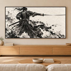 Samurai Drawing Sword Sumi-e Frame TV Art, Japanese Wall Art, 4K Digital Download, 3 Formats image 1
