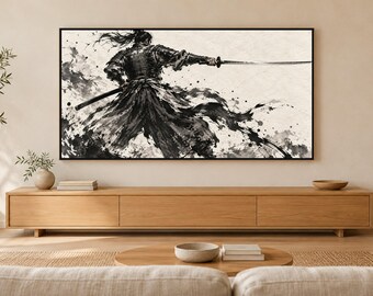 Samurai Drawing Sword Sumi-e Frame TV Art, Japanese Wall Art, 4K Digital Download, 3 Formats