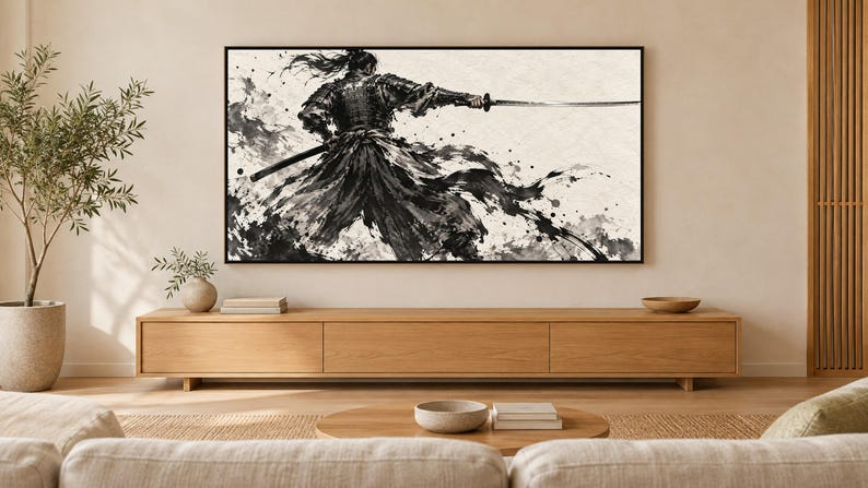 Samurai Drawing Sword Sumi-e Frame TV Art, Japanese Wall Art, 4K Digital Download, 3 Formats image 1