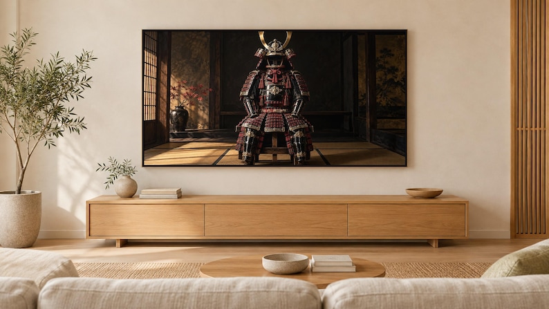 Arte para televisión: Bodegón con armadura de samurái, decoración de pared japonesa (descarga digital 4K) imagen 1