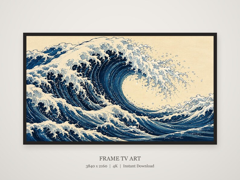 Arte para televisión Indigo Wave, estilo grabado japonés en madera, descarga digital 4K. imagen 5