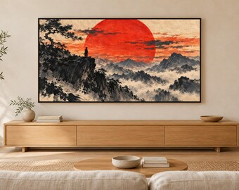 Silueta de samurái al atardecer, arte japonés con tinta sumi (descarga digital 4K)