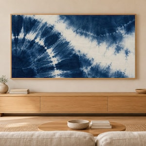 Indigo Shibori-färgmönster med ram för TV, japansk väggkonst, 4K digital nedladdning, 3 format bild 1