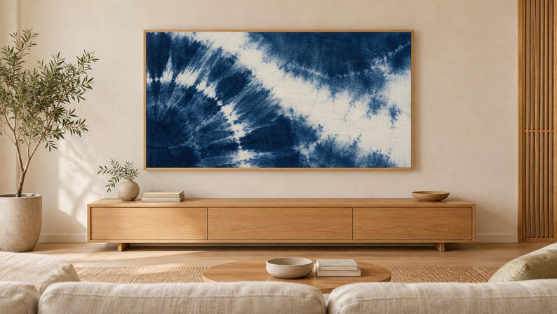 Indigo Shibori-färgmönster med ram för TV, japansk väggkonst, 4K digital nedladdning, 3 format bild 1