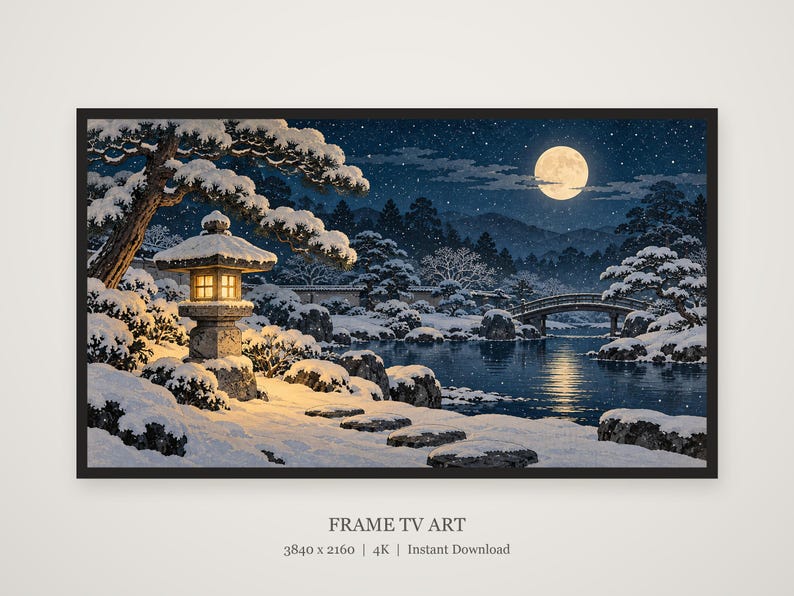 Snowy Garden Lantern at Night Frame TV Art, Japanese Wall Decor, 4K Digital Download (3 Formats) image 5