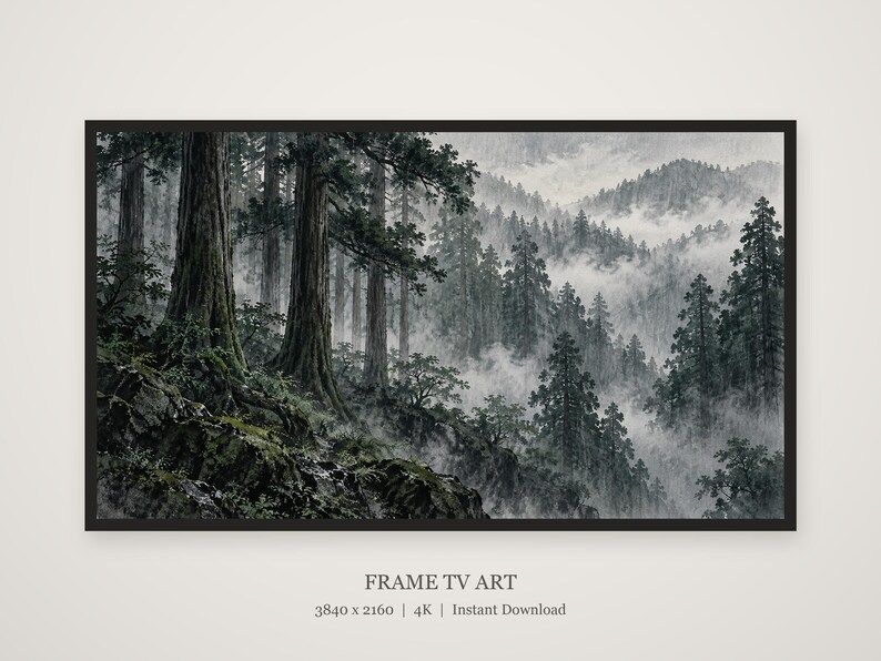 Moody Cedar Forest in Rain Frame TV Art, Japanese Wall Decor, 4K Digital Download (3 Formats) image 5