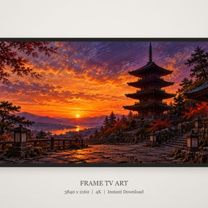 Pagoda de cinco pisos al atardecer. Marco para TV, arte mural japonés, descarga digital 4K, 3 formatos. imagen 5