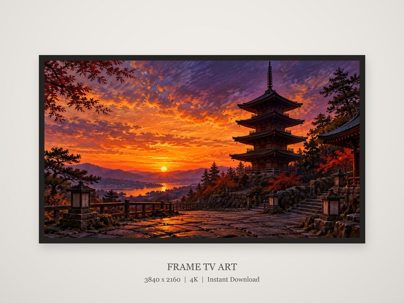 Pagoda de cinco pisos al atardecer. Marco para TV, arte mural japonés, descarga digital 4K, 3 formatos. imagen 5
