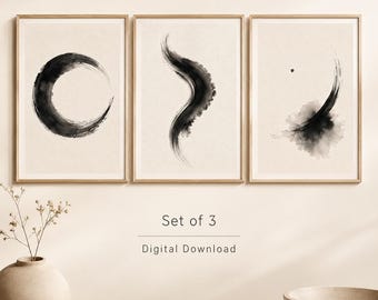 Set of 3 Printable Wall Art, Japanese Sumi Ink Circle Flow Prints, Zen Japandi Gallery Wall (Instant Download)