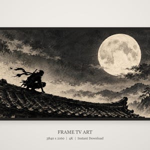 Ninja on Moonlit Rooftop Ink Frame TV Art, Japanese Wall Art, 4K Digital Download, 3 Formats image 5