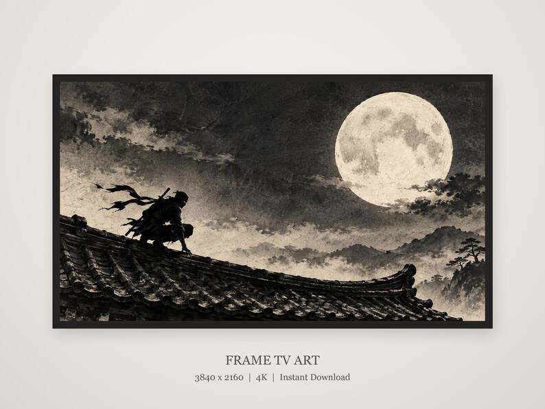 Ninja on Moonlit Rooftop Ink Frame TV Art, Japanese Wall Art, 4K Digital Download, 3 Formats image 5