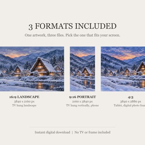 Cuadro decorativo nocturno con imagen de un pueblo nevado con techo de paja, arte mural japonés, descarga digital 4K, 3 formatos. imagen 2