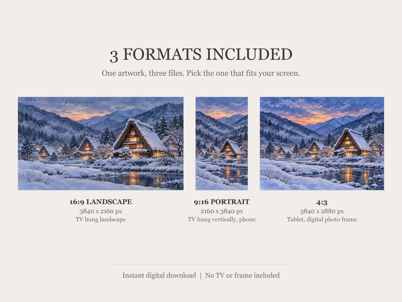 Cuadro decorativo nocturno con imagen de un pueblo nevado con techo de paja, arte mural japonés, descarga digital 4K, 3 formatos. imagen 2