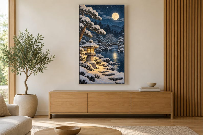 Snowy Garden Lantern at Night Frame TV Art, Japanese Wall Decor, 4K Digital Download (3 Formats) image 3