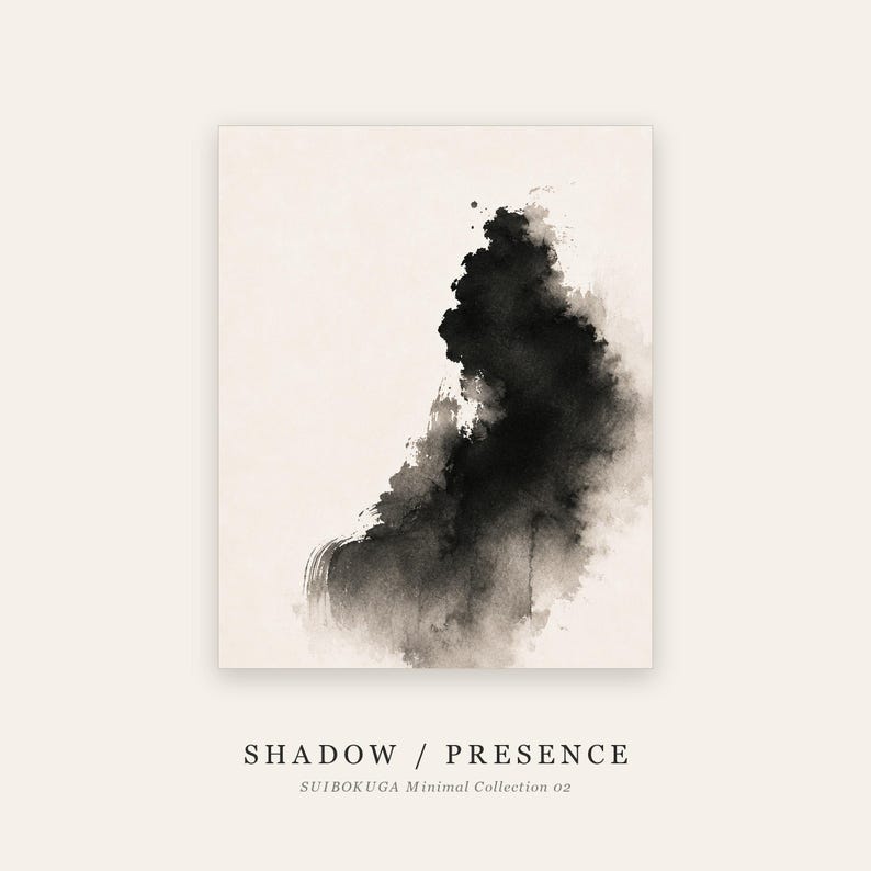 May include: A rectangular art print featuring a black ink wash painting on a cream background. The abstract ink forms a vertical, cloud-like shape. Below the image, the text reads SHADOW / PRESENCE and SUIBOKUGA Minimal Collection 02.