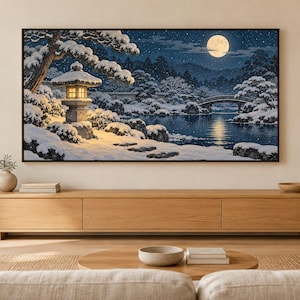 Snowy Garden Lantern at Night Frame TV Art, Japanese Wall Decor, 4K Digital Download (3 Formats) image 1