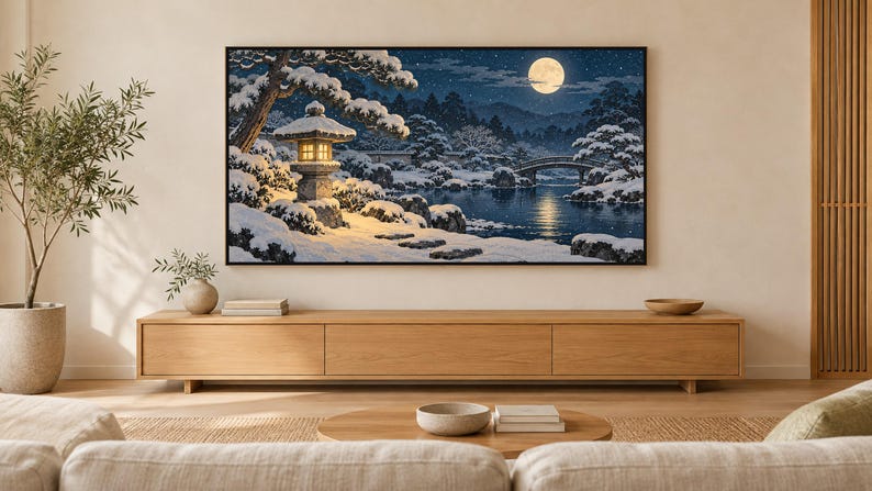 Snowy Garden Lantern at Night Frame TV Art, Japanese Wall Decor, 4K Digital Download (3 Formats) image 1