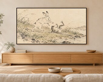Rabbit and Frog at Play Frame TV Art, Japanese Wall Art, 4K Digital Download, 3 Formats
